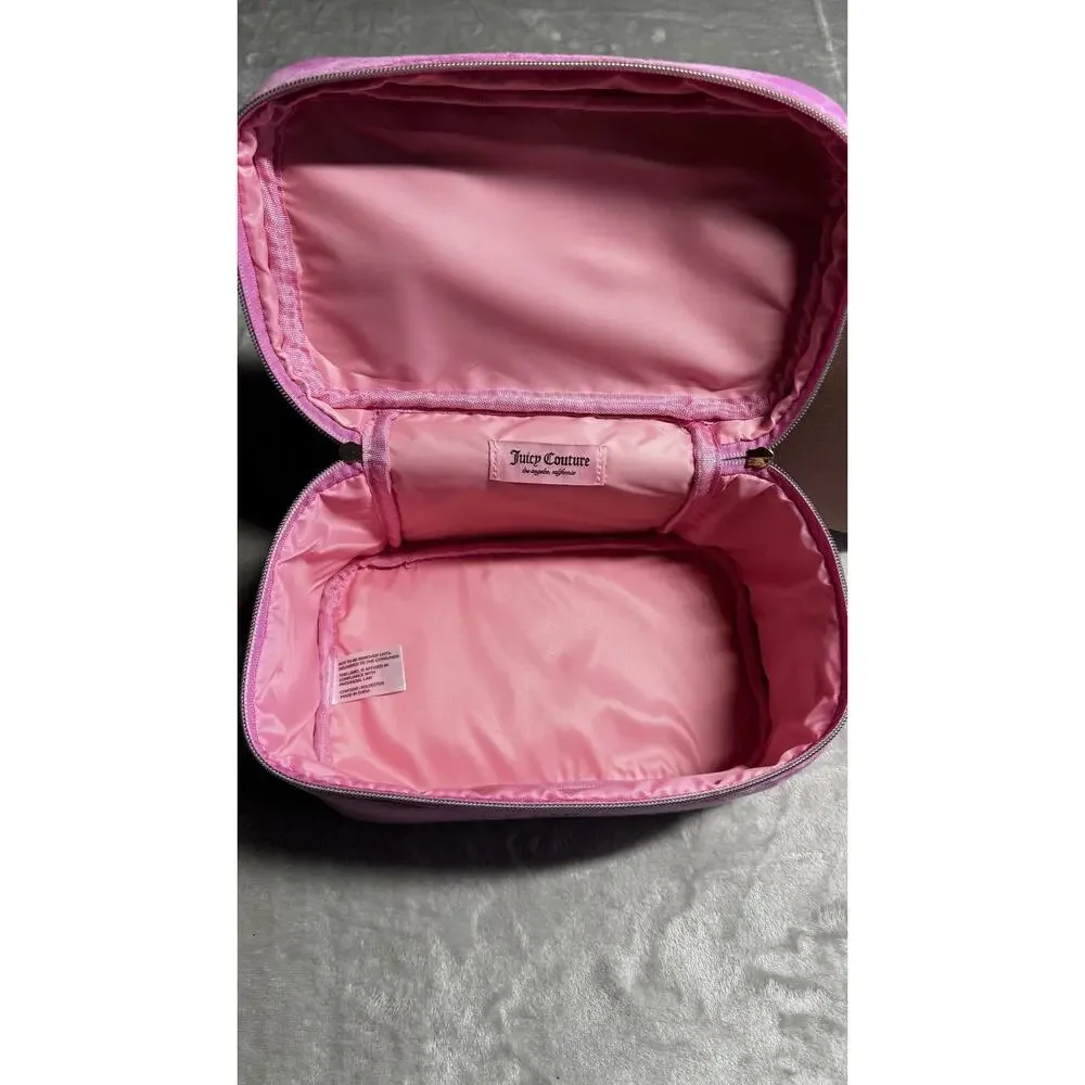 Juicy Couture NEW Pink Velvet Travel Toiletry Cosmetic Bag Bottle Gold Logo Zip